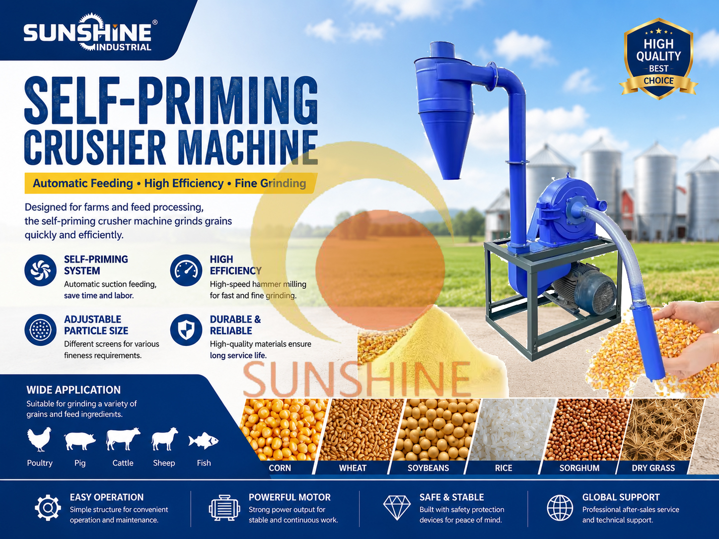 SUNSHINE Industrial Self-Priming Grain Crusher Machine: Efficient Grinding Solution for Farms and Feed Processing