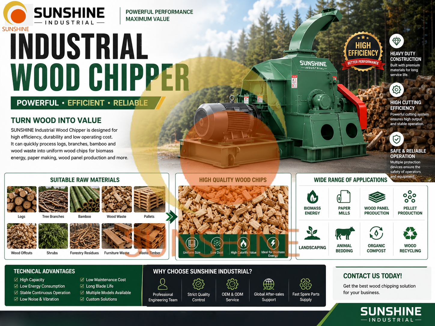 SUNSHINE Industrial Wood Chipper Machine – High-Efficiency Solution for Wood Processing And Biomass Production