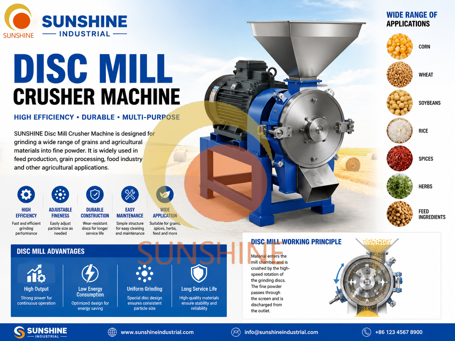 SUNSHINE Industrial Disc Mill Crusher Machine – Efficient Grain Grinding Solution for Farms And Feed Processing SUNSHINE Industrial Disc Mill Crusher Machine for Grain, Feed, And Agricultural Processi